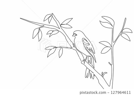 Single continuous line drawing red winged blackbird perched on a tree branch with leaves. Beautiful hairy. Bright morning atmosphere. International Dawn Chorus Day. One line design vector illustration 127964611