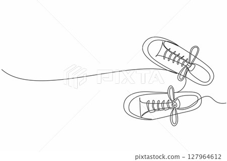 Single one line drawing a pair of sneakers from above. Trendy canvas shoes. Urban shoes. Modern lifestyle. Casual. National Two Different Colored Shoes Day. Continuous line design graphic illustration 127964612