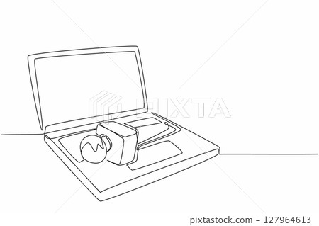 Continuous one line drawing microphone above laptop keyboard. Independent reporting. Distributed via social media. Random source. National Public Radio Day. Single line draw design vector illustration Continuous one line drawing microphone above laptop keyboard. Independent reporting. Distributed via social media. Random source. National Public Radio Day. Single line draw design vector illustration 127964613