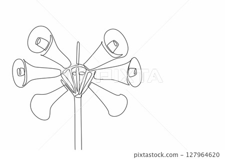Single continuous line drawing 6 speakers installed in various directions on the tower. Mounted high for a longer reach. Announcement. National Public Radio Day. One line design vector illustration 127964620