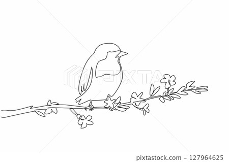 Single one line drawing robin perched on a tree branch with leaves and flowers. Famous birds in America and Europe. Songbird. International Dawn Chorus Day. Continuous line design graphic illustration Single one line drawing robin perched on a tree branch with leaves and flowers. Famous birds in America and Europe. Songbird. International Dawn Chorus Day. Continuous line design graphic illustration 127964625