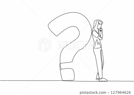 Single continuous line drawing man in casual clothes leaning his back against a big question mark. Questioning the destiny of life. Pensive. National Day of Reason. One line design vector illustration Single continuous line drawing man in casual clothes leaning his back against a big question mark. Questioning the destiny of life. Pensive. National Day of Reason. One line design vector illustration 127964626