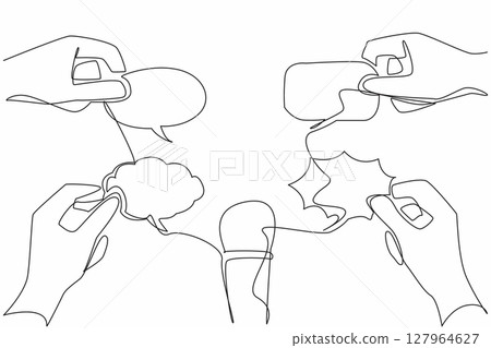 Single continuous line drawing a mic in the middle of 4 callouts of various shapes held by hand. Social media comments. Like journalists. National Public Radio Day. One line design vector illustration 127964627