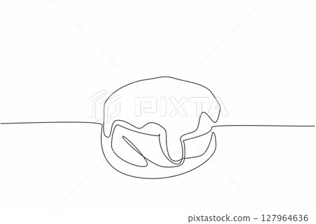 Single one line drawing cream puff topped with melted chocolate. A very delicious dessert. Full of cream in the mouth. National Chocolate Custard Day. Continuous line design graphic illustration Single one line drawing cream puff topped with melted chocolate. A very delicious dessert. Full of cream in the mouth. National Chocolate Custard Day. Continuous line design graphic illustration 127964636