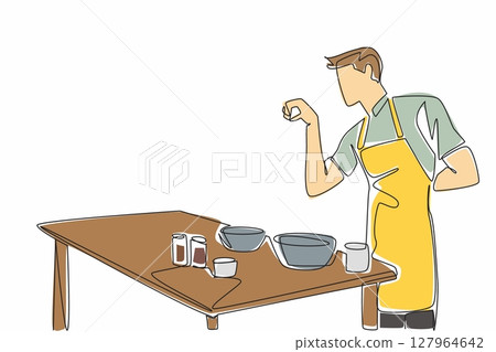 Single continuous line drawing male waiter wearing yellow apron sprinkles spices into the pan. Styled like a famous chef. Cook with joy. School Lunch Hero Day. One line design vector illustration 127964642