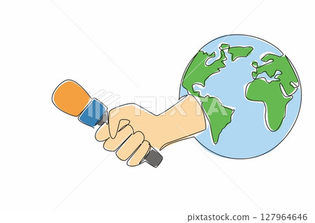 Single one line drawing the hand that comes out while holding the microphone in the middle of the globe. Threats to press freedom. World Press Freedom Day. Continuous line design graphic illustration 127964646