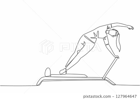 Continuous one line drawing woman posing on fitness equipment. Balance movement. Training leg and thigh muscles. Sweating on the weekend. Pilates Day. Single line draw design vector illustration Continuous one line drawing woman posing on fitness equipment. Balance movement. Training leg and thigh muscles. Sweating on the weekend. Pilates Day. Single line draw design vector illustration 127964647