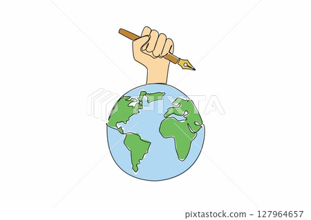 Single one line drawing hand holding a pen on a globe. Journalists record news. To be reported to the whole world. Democracy notes. World Press Freedom Day. Continuous line design graphic illustration Single one line drawing hand holding a pen on a globe. Journalists record news. To be reported to the whole world. Democracy notes. World Press Freedom Day. Continuous line design graphic illustration 127964657