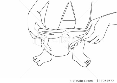 Single one line drawing hand of mother holding diaper putting a diaper on her baby. Change diapers frequently for cleanliness. Kids In Need Of Diapers Day. Continuous line design graphic illustration 127964672