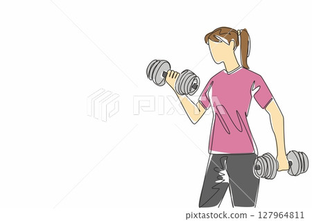 Single continuous line drawing a woman lifting dumbbells in each hand. Exercise to become stronger and healthier. Sweat. Gym. Needs of woman. National Fitness Day. One line design vector illustration 127964811