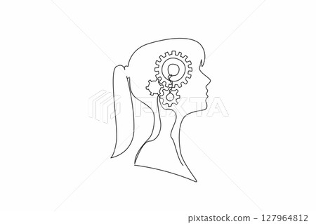 Continuous one line drawing the head of a young woman with a gear in the middle of her head. Critical thinking for more profit. Inside the Head of Woman. Single line draw design vector illustration 127964812