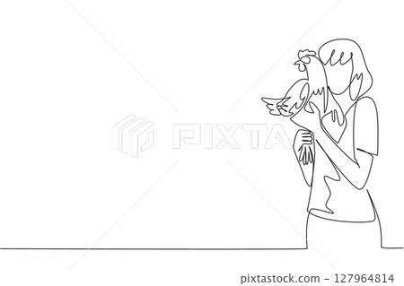 Single continuous line drawing a woman in casual clothes lifts a hen and puts it to her cheek. Laying a lot of eggs. Fowl. International Respect for Chickens Day. One line design vector illustration 127964814