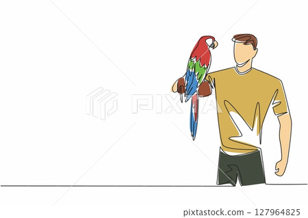 Continuous one line drawing scarlet macaw parrot perched on hand of man. An intelligent bird with lots of energy and character. Pet birds. Man Holding Bird. Single line draw design vector illustration Continuous one line drawing scarlet macaw parrot perched on hand of man. An intelligent bird with lots of energy and character. Pet birds. Man Holding Bird. Single line draw design vector illustration 127964825
