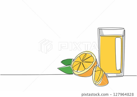 Single one line drawing a glass of orange juice and beside the glass there is an orange cut in half. Enjoying squeezed orange. National Orange Juice Day. Continuous line design graphic illustration Single one line drawing a glass of orange juice and beside the glass there is an orange cut in half. Enjoying squeezed orange. National Orange Juice Day. Continuous line design graphic illustration 127964828