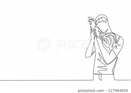 Continuous one line drawing a man hugging a rooster. Loving a rooster is like loving the own son. Full of happiness. International Respect for Chickens Day. Single line draw design vector illustration Continuous one line drawing a man hugging a rooster. Loving a rooster is like loving the own son. Full of happiness. International Respect for Chickens Day. Single line draw design vector illustration 127964830