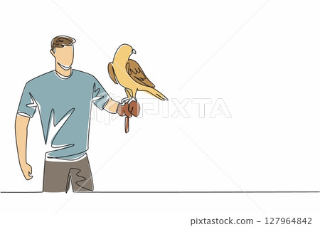 Single one line drawing white and beige falcon bird perched on hand of man. Bird of prey that has excellent flying and hunting abilities. Man Holding Bird. Continuous line design graphic illustration 127964842