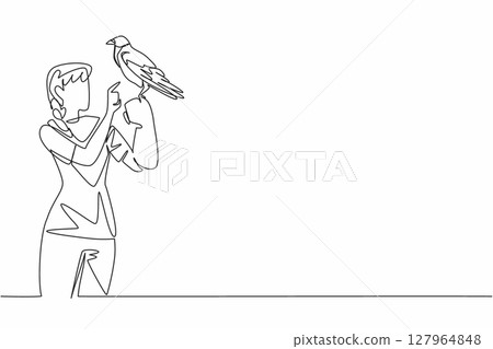 Single continuous line drawing hooded crow perched on hand of woman. This animal does not look so pretty but it is very intelligent. Mysterious. Woman Holding Bird. One line design vector illustration Single continuous line drawing hooded crow perched on hand of woman. This animal does not look so pretty but it is very intelligent. Mysterious. Woman Holding Bird. One line design vector illustration 127964848