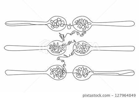 Single one line drawing 6 wooden spoons filled with various herbs. Already dried. Can feel the benefits directly. Healthy raw materials. National Herb Day. Continuous line design graphic illustration 127964849