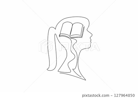 Single one line drawing the head of a young woman with an open book in the middle of her head. Memorize delicious food recipes. Inside the Head of Woman. Continuous line design graphic illustration Single one line drawing the head of a young woman with an open book in the middle of her head. Memorize delicious food recipes. Inside the Head of Woman. Continuous line design graphic illustration 127964850