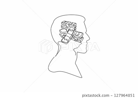 Continuous one line drawing the head of a man with pile of banknotes in the middle of his head. Estimated profit this week. Profit. Inside the Head of Man. Single line draw design vector illustration Continuous one line drawing the head of a man with pile of banknotes in the middle of his head. Estimated profit this week. Profit. Inside the Head of Man. Single line draw design vector illustration 127964851