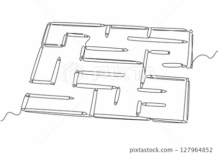 Single one line drawing maze made of colored pencils. Brain training game to find a way out. Pleasant. The problem solver. Educational. World Labyrinth Day. Continuous line design graphic illustration Single one line drawing maze made of colored pencils. Brain training game to find a way out. Pleasant. The problem solver. Educational. World Labyrinth Day. Continuous line design graphic illustration 127964852