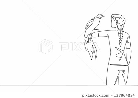 Single one line drawing bird of paradise perched on hand of woman. One of the most visited animals in the wildlife park. Favorites. Woman Holding Bird. Continuous line design graphic illustration 127964854