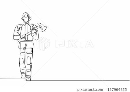 Single continuous line drawing firefighter in full uniform walking while carrying an axe. Glass breaking tools. Helping victims. International Firefighters Day. One line design vector illustration 127964855