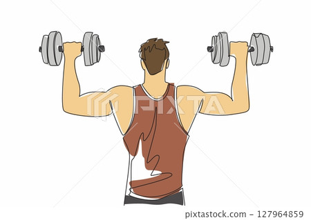 Continuous one line drawing an athletic male lifting a dumbbell with each hand. Practice every day. Forms bigger muscle mass. Fit. National Fitness Day. Single line draw design vector illustration 127964859