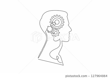 Single one line drawing the head of a man with a gear in the middle of his head. Resetting the brain. Trying to be more innovative. Inside the Head of Man. Continuous line design graphic illustration 127964864