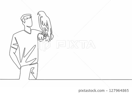 Continuous one line drawing black chested buzzard eagle perched on hand of man. Its natural habitat is in the open areas of South America. Man Holding Bird. Single line draw design vector illustration 127964865