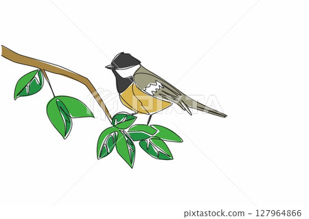 Continuous one line drawing coal tit perched on a tree branch with leaves. The very active little babbler. The songbird. International Dawn Chorus Day. Single line draw design vector illustration 127964866