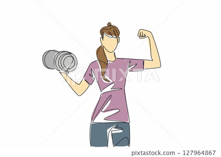 Single continuous line drawing a young woman poses while lifting dumbbell. As if there were muscles. Encouraging to be more active in sports. National Fitness Day. One line design vector illustration 127964867