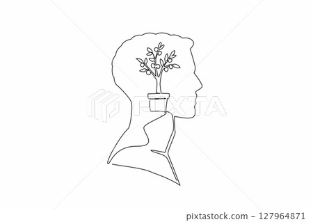 Single continuous line drawing the head of a man with a money tree in a pot in the middle of his head. Profitable investment. Success. Rich. Inside the Head of Man. One line design vector illustration Single continuous line drawing the head of a man with a money tree in a pot in the middle of his head. Profitable investment. Success. Rich. Inside the Head of Man. One line design vector illustration 127964871