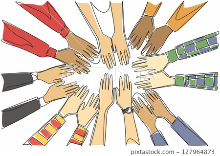 Single continuous line drawing 8 pairs of hands with various sleeve models stacked on top of each other. Team agreement. Encouragement. Work group. Join Hands Day. One line design vector illustration Single continuous line drawing 8 pairs of hands with various sleeve models stacked on top of each other. Team agreement. Encouragement. Work group. Join Hands Day. One line design vector illustration 127964873