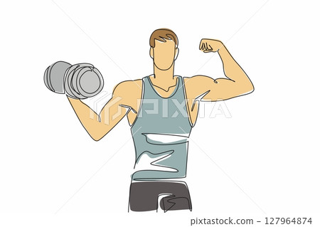 Single one line drawing a man poses while lifting dumbbell. Become active member at the gym. Maintain muscle mass. Stronger than ever. National Fitness Day. Continuous line design graphic illustration 127964874
