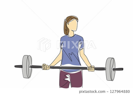 Continuous one line drawing young woman lifting a barbell with both hands. First test lifting 20 kilograms. The tough beauty. Sweat. National Fitness Day. Single line draw design vector illustration 127964880