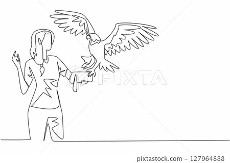 Single continuous line drawing bald eagle perched on hand of woman. One type of eagle that is known to be very majestic. Symbolizes strength. Woman Holding Bird. One line design vector illustration 127964888