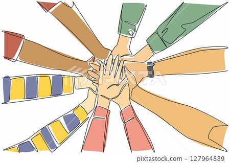 Single continuous line drawing 5 pairs of hands with various sleeve models stacked on top of each other. Collaboration between divisions. Colleague. Join Hands Day. One line design vector illustration 127964889