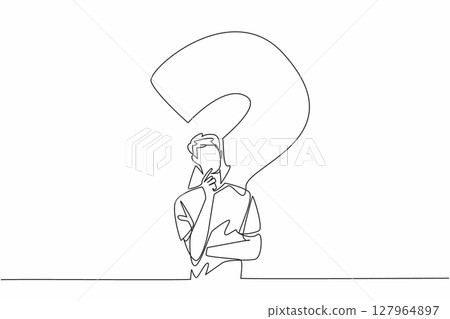 Single one line drawing man with thinking gesture with big question mark background. Thinking very hard to find a solution. Idea. National Day of Reason. Continuous line design graphic illustration 127964897