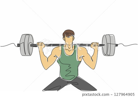 Continuous one line drawing man lifting a barbell on shoulders with both hands. Lifting with the help of muscle mass. The strong one. National Fitness Day. Single line draw design vector illustration 127964905