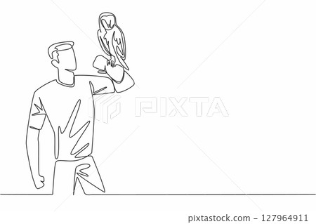 Continuous one line drawing barn owl perched on hand of man. Has a distinctive facial feature with a heart pattern. Gentle to humans. Man Holding Bird. Single line draw design vector illustration Continuous one line drawing barn owl perched on hand of man. Has a distinctive facial feature with a heart pattern. Gentle to humans. Man Holding Bird. Single line draw design vector illustration 127964911