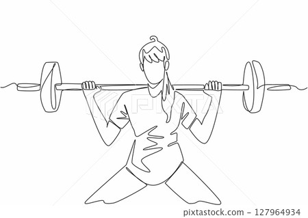 Single one line drawing a woman lifting a barbell on her shoulders with both hands. The beauty who tries to be tough in the gym. National Fitness Day. Continuous line design graphic illustration 127964934