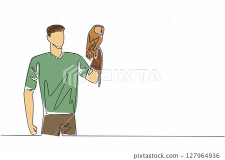 Continuous one line drawing tawny owl perched on hand of man. Stocky brown owl. Large eyes help hunting in the dark. Largest owl in UK. Man Holding Bird. Single line draw design vector illustration 127964936