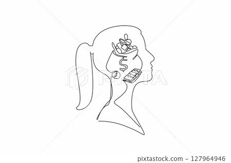 Continuous one line drawing the head of a woman with an open money bag in the middle of her head. Thinking of a windfall. Rich. Inside the Head of Woman. Single line draw design vector illustration 127964946
