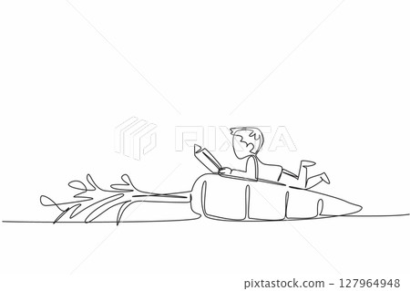 Single one line drawing boy reading on carrot with leaves. Giving examples of learning that can be done anywhere. Boy Reading Book at Vegetables and Fruits. Continuous line design graphic illustration 127964948
