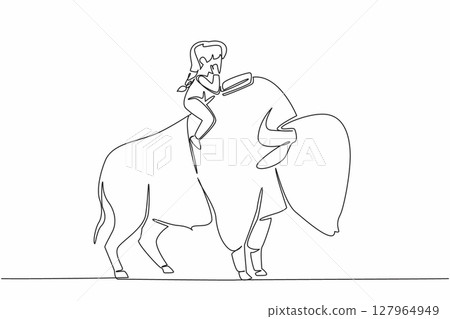 Single continuous line drawing girl reading book on cute bison. Reading with chin propped up. Trying to be serious. The nerd. Girl Reading Book at Animal Back. One line design vector illustration 127964949