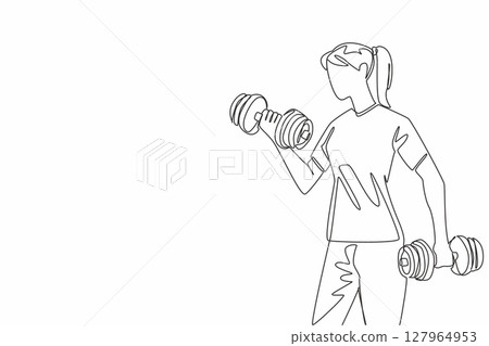 Single continuous line drawing a woman lifting dumbbells in each hand. Exercise to become stronger and healthier. Sweat. Gym. Needs of woman. National Fitness Day. One line design vector illustration 127964953