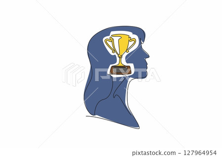 Continuous one line drawing the head of a woman with a trophy in the middle of her head. Always try to be the best. The winner. Inside the Head of Woman. Single line draw design vector illustration 127964954