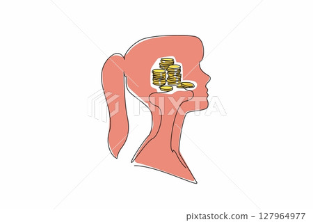 Single one line drawing the head of a woman with a pile of coins in the middle of her head. A little pile that will be hilly. Inside the Head of Woman. Continuous line design graphic illustration Single one line drawing the head of a woman with a pile of coins in the middle of her head. A little pile that will be hilly. Inside the Head of Woman. Continuous line design graphic illustration 127964977