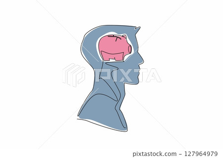 Single one line drawing the head of a young man with a piggy bank in the middle of his head. Investing for financial freedom. Save. Inside the Head of Man. Continuous line design graphic illustration 127964979